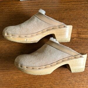 No. 6 Dakota Shearling Clogs in Mid Heel in Fawn Suede and Bone SIze 40
